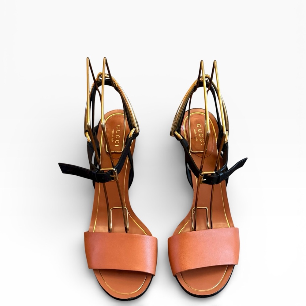 Gucci Horsebit Accent Leather Block Heel Sandals - Black & Cognac EU 38.5 US 8.5 - Picture 6 of 15